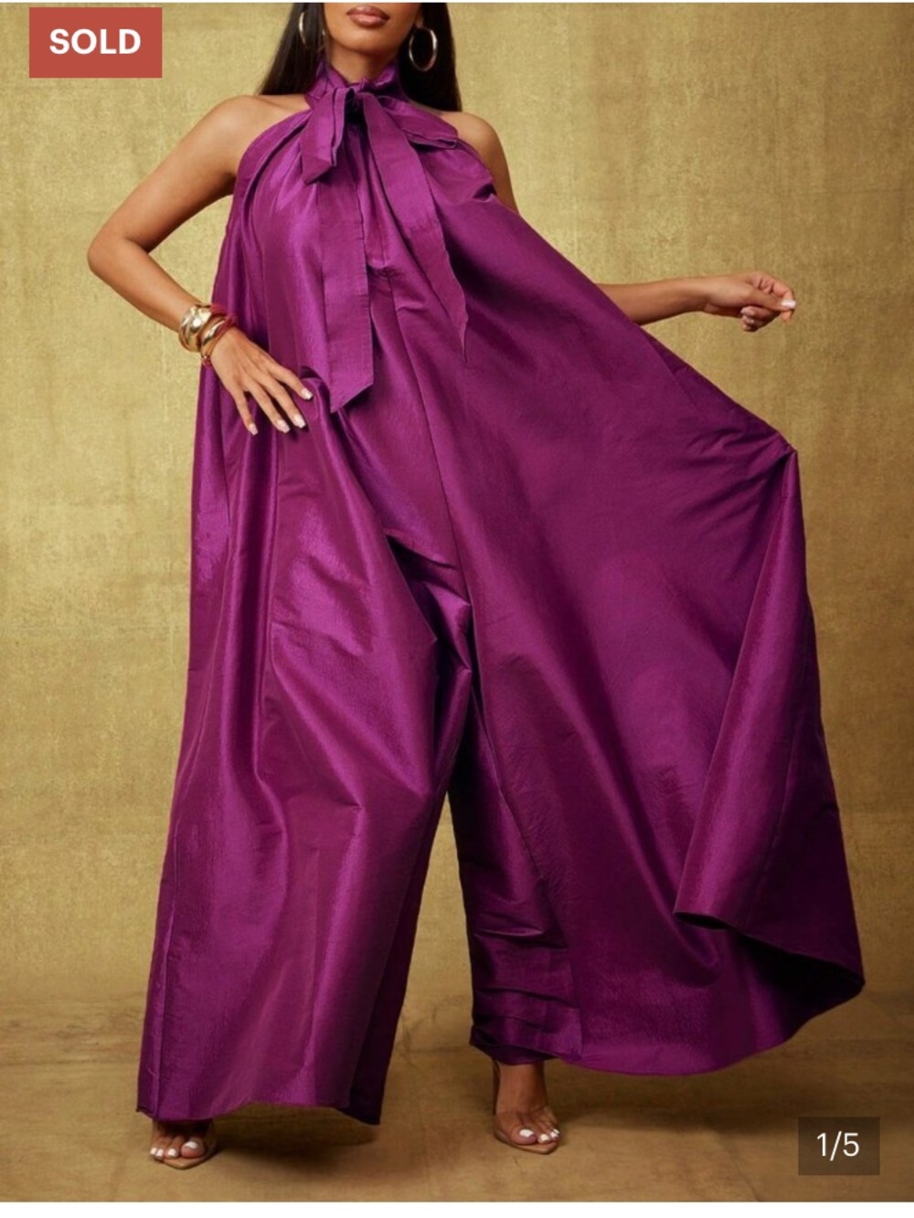 Purple Elegant Women's Taffeta Bow Tie Halter Neck Extra Wide Leg Jumpsuit - Picture 3 of 3